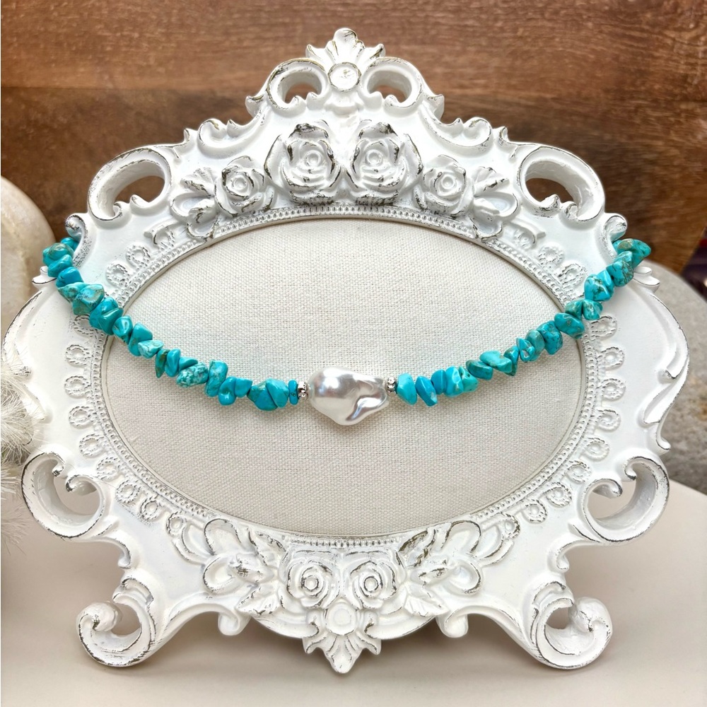 Turquoise and Pearl Women's Necklace blue White Sea style boho jewelry